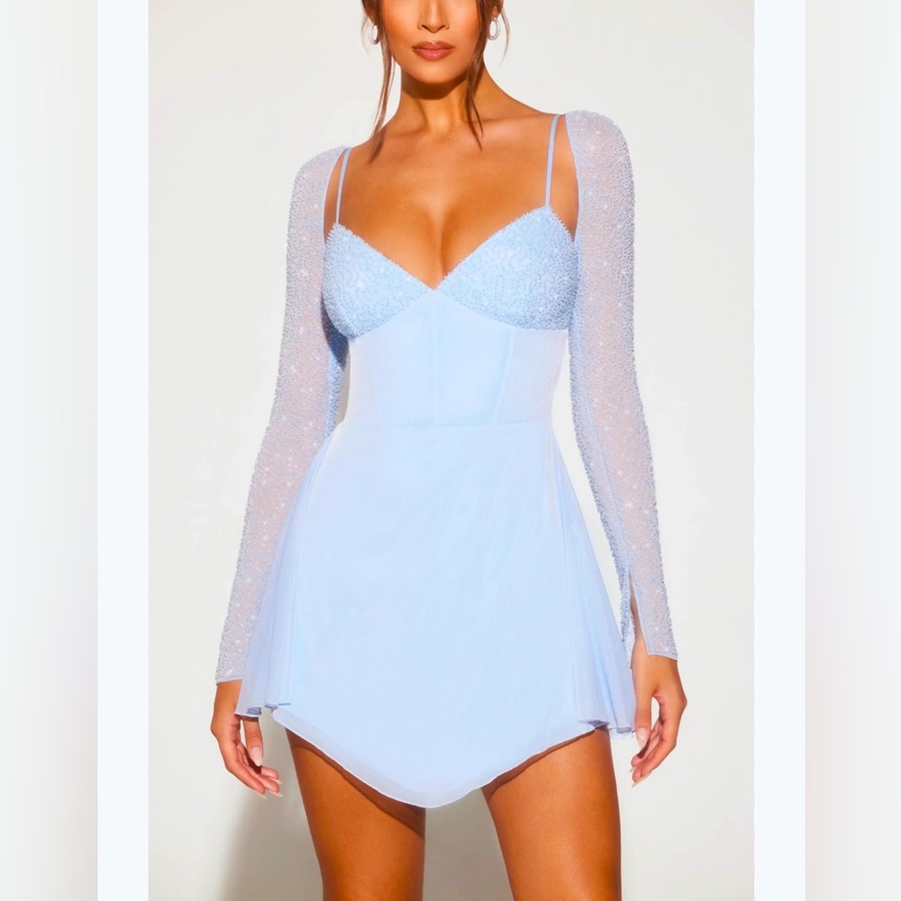 Oh Polly Naples Embellished Long Sleeve Angel Hem Mini Dress in Blue